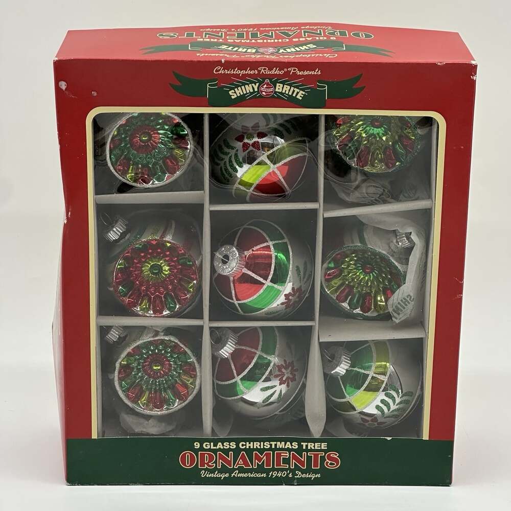 Set of 9 Christopher Radko Shiny Brite Indent Bumpy Glass Christmas Ornaments